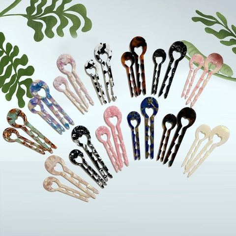 Acetate U-Shaped Hair Fork Stick With Heart Hollow Design And Non-Slip Teeth Marble Tortoise Pattern Vintage Hairpin For Women Styling Jewelry