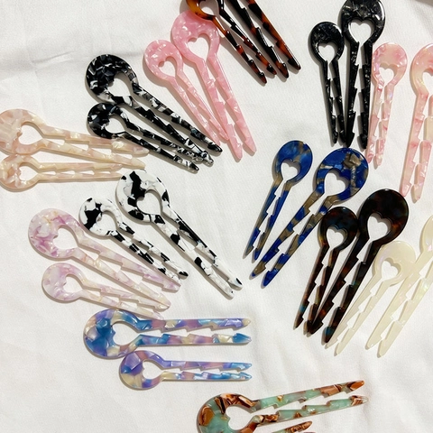 Acetate U-Shaped Hair Fork Stick With Heart Hollow Design And Non-Slip Teeth Marble Tortoise Pattern Vintage Hairpin For Women Styling Jewelry