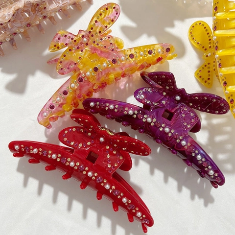Elegante Pinza per Capelli Farfalla Asimmetrica per Donna Acetato Marmo Strass Perla Artificial Sintetica Grande Fermaglio per Capelli