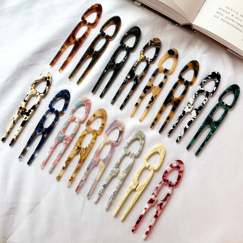 Horquilla en Forma de U de Acetato Vintage Elegante Patrón de Mármol Tenedor de Pelo Decorativo Accesorios para el Cabello de Moda para Mujer