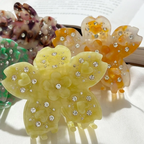 Pince à Cheveux en Forme de Fleur en Acétate Style Français Avec Strass Étincelants Accessoires de Cheveux Élégants
