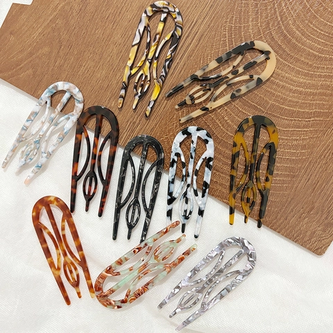 Vintage U-Vormige Acetaat Haarstick Drietandige Haarvork Voor Vrouwen Retro Schildpad Patroon Knot Clip Styling Accessoire