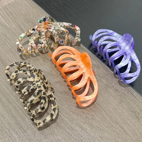 Grande Pince à Cheveux en Acétate de Cellulose Design Pieuvre Style Français Motif Marbré Léopard Antidérapant Maintien Fort Accessoires Cheveux Femme