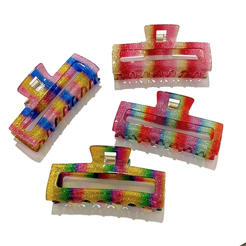 Damen Acryl Regenbogen Glitzer Haarklammer Große Rechteckige Hohle Haarkralle Mode Haarschmuck Styling Zubehör