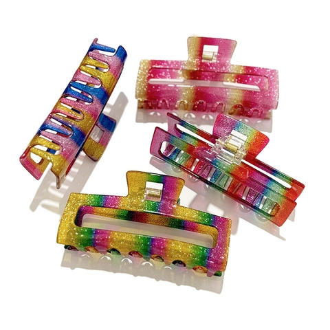 Damen Acryl Regenbogen Glitzer Haarklammer Große Rechteckige Hohle Haarkralle Mode Haarschmuck Styling Zubehör