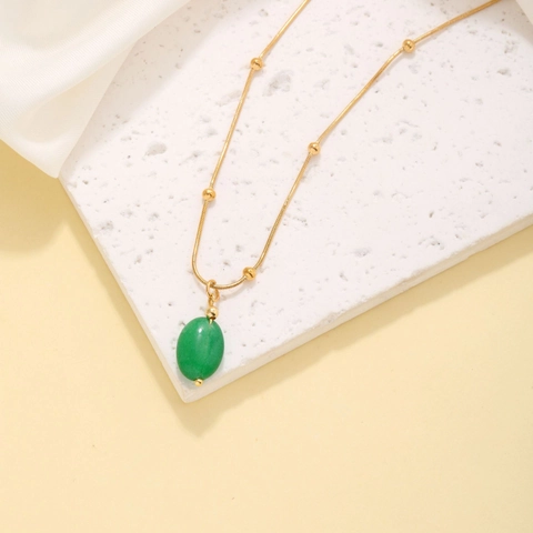 Stainless Steel Natural Stone Pendant Necklace For Women Vintage Gold Snake Bone Chain Azure Oval Design Handmade Jewelry