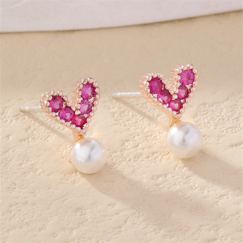 Süße Kupfer Herz Ohrstecker Mit Roségold Überzogenen Rosa Strass Und Künstliche Perle Tropfen Für Damen Mode Schmuck