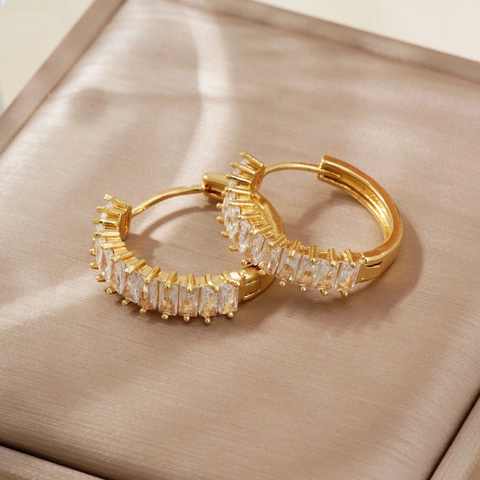 Vintage Koperen Hoepel Oorbellen Voor Dames Met Baguette Geslepen Zirconia Minimalistisch Verguld Verzilverd Geometrische Sieraden