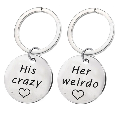 Minimalistischer Edelstahl Paar Schlüsselanhänger His Crazy Her Weirdo Herz Graviert Rund Anhänger Schlüsselanhänger Valentinstag Geschenk
