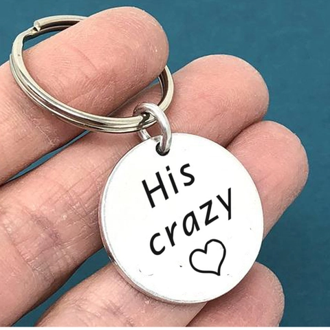 Minimalistischer Edelstahl Paar Schlüsselanhänger His Crazy Her Weirdo Herz Graviert Rund Anhänger Schlüsselanhänger Valentinstag Geschenk