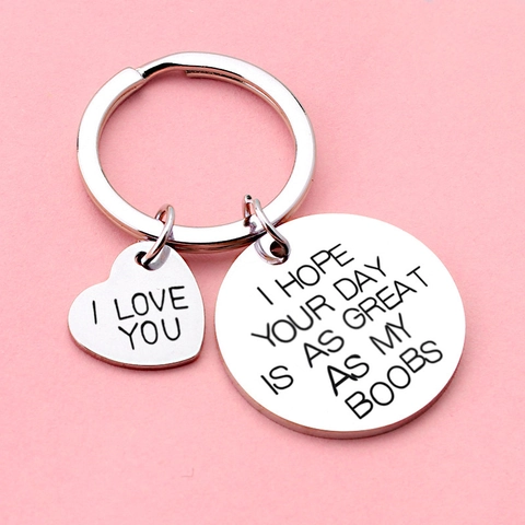 Porte-clés Humoristique en Acier Inoxydable pour Couple Gravé Cœur Pendentifs Ronds Cadeau Argent pour Mari Femme