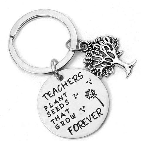 Porte-clés en Acier Inoxydable Cadeau Enseignant Arbre de Vie Pissenlit Disque Rond Gravé Bijoux pour Remise des Diplômes