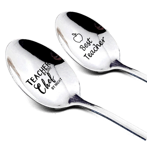 Stainless Steel Engraved Spoon Mirror Polished Long Handle Mixing Spoon Best Teacher Gift For Birthday Christmas Tableware