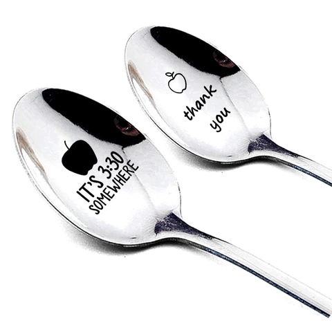 Stainless Steel Engraved Spoon Mirror Polished Long Handle Mixing Spoon Best Teacher Gift For Birthday Christmas Tableware