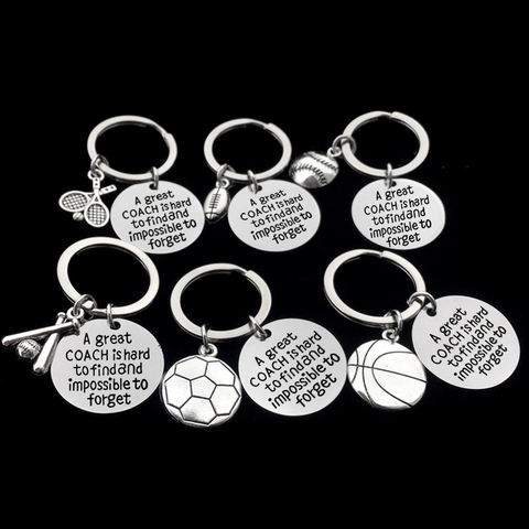 Roestvrij Staal Sport Coach Waardering Sleutelhanger Ronde Letters Voetbal Basketbal Baseball Tennis Cadeau Voor Afstuderen
