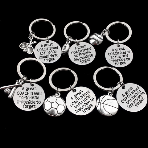 Roestvrij Staal Sport Coach Waardering Sleutelhanger Ronde Letters Voetbal Basketbal Baseball Tennis Cadeau Voor Afstuderen