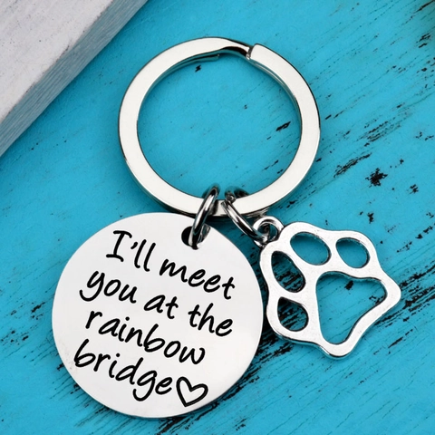 Stainless Steel Pet Memorial Keychain Rainbow Bridge Engraved Tag With Paw Pendant Sympathy Gift For Pet Loss Remembrance