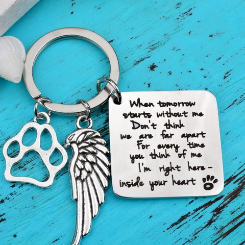 Stainless Steel Pet Memorial Keychain With Paw Print Feather Wing And Poetry Plate Silver Tone Sentimental Sympathy Gift For Animal Lovers