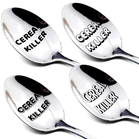 Cucchiaio Creativo in Acciaio Inossidabile Inciso Cereal Killer Lucidato a Specchio Manico Lungo Stoviglie Regalo Adulti