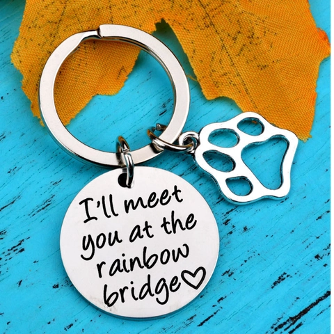Stainless Steel Pet Memorial Keychain Rainbow Bridge Engraved Tag With Paw Pendant Sympathy Gift For Pet Loss Remembrance