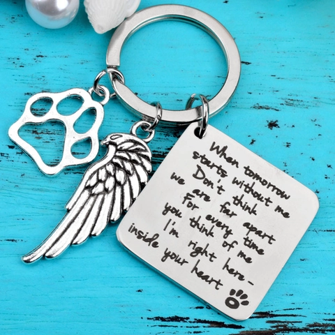 Stainless Steel Pet Memorial Keychain With Paw Print Feather Wing And Poetry Plate Silver Tone Sentimental Sympathy Gift For Animal Lovers