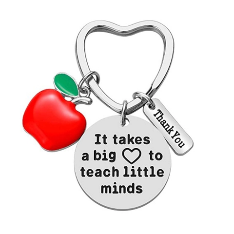 Porte-clés en Acier Inoxydable pour Enseignants Anneau en Cœur Pendentif Pomme Rouge Émaillée Porte-clés avec Inscription Cadeau