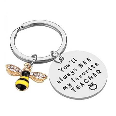 Stainless Steel Bee Charm Keychain Favorite Teacher Appreciation Gift Jewelry Rhinestone Enamel Engraved Metal Keyring