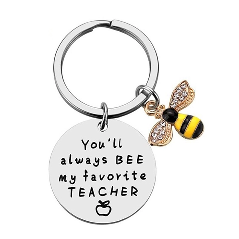 Stainless Steel Bee Charm Keychain Favorite Teacher Appreciation Gift Jewelry Rhinestone Enamel Engraved Metal Keyring