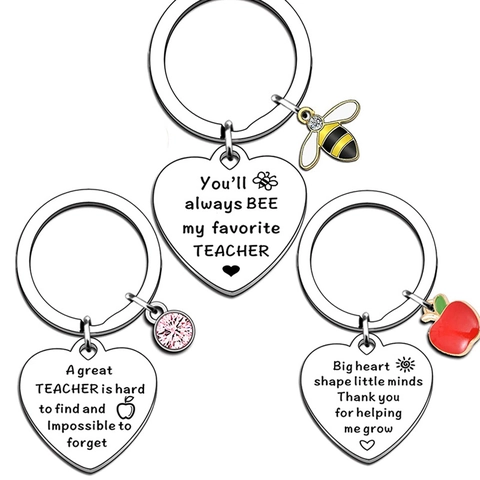 Porte-clés Cœur en Acier Inoxydable Reconnaissance Enseignant Gravé Abeille Pomme Charme Cadeau Graduation Femmes Bijoux
