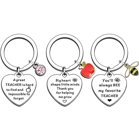 Porte-clés Cœur en Acier Inoxydable Reconnaissance Enseignant Gravé Abeille Pomme Charme Cadeau Graduation Femmes Bijoux