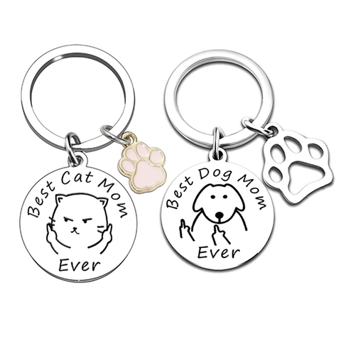 Best Dog Cat Mom Ever Stainless Steel Keychain Funny Pet Paw Print Pendant Key Ring Gift For Mother's Day Women Pet Lover