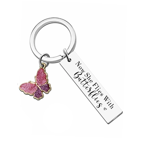 Edelstahl Gedenk Schlüsselanhänger Now She Flies With Butterflies Gravierte Bar Rosa Glitzer Schmetterling Anhänger Gedenkgeschenk