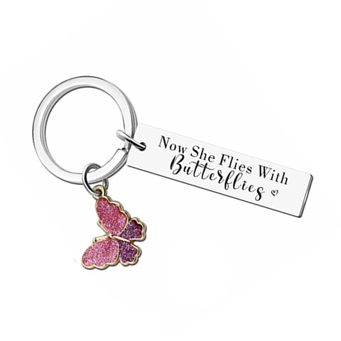 Stainless Steel Memorial Keychain Now She Flies With Butterflies Engraved Bar Pink Glitter Butterfly Pendant Remembrance Gift