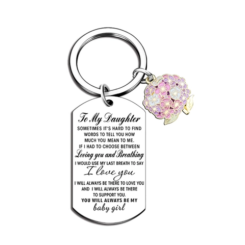 Roestvrij Stalen Gegraveerde Sleutelhanger Voor Mijn Dochter Hortensia Hanger Hartverwarmend Cadeau Spiegelgepolijst
