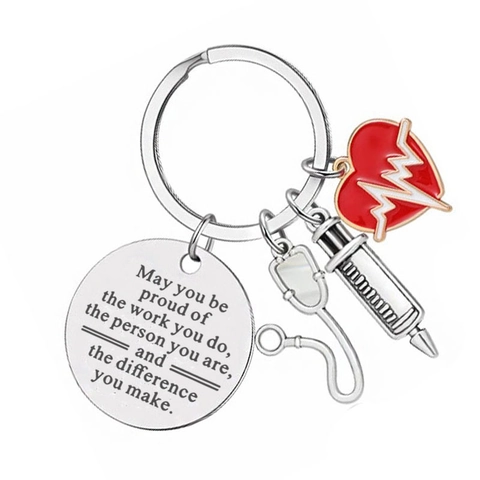 Stainless Steel Medical Keychain For Nurse Doctor Gift With Stethoscope Syringe ECG Heart Charm Engraved Nurse Gift Keychain