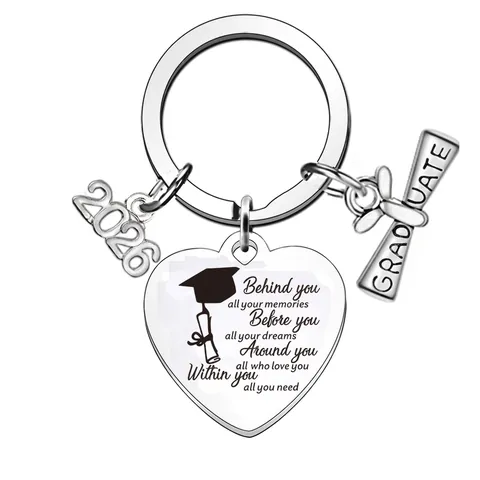 Regalo di Laurea 2026 Portachiavi a Cuore in Acciaio Inossidabile Memoriale Ciondolo con Tocco e Pergamena Gioielli per Studenti