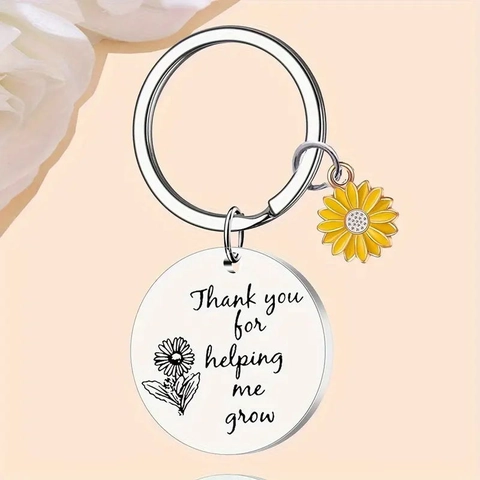Roestvrij Staal Zonnebloem Sleutelhanger Gegraveerd Thank You For Helping Me Grow Ronde Hanger Dankbaarheid Cadeau Voor Leraren Ouders