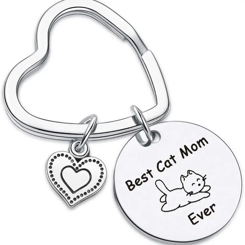 Μπρελόκ Best Cat Mom Ever από Ανοξείδωτο Ατσάλι Χαραγμένο Στρογγυλό Μενταγιόν Γάτα Καρδιά Δώρο για Λάτρεις των Γατών