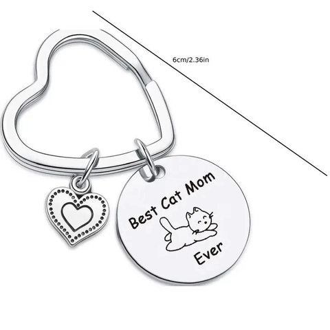 Μπρελόκ Best Cat Mom Ever από Ανοξείδωτο Ατσάλι Χαραγμένο Στρογγυλό Μενταγιόν Γάτα Καρδιά Δώρο για Λάτρεις των Γατών