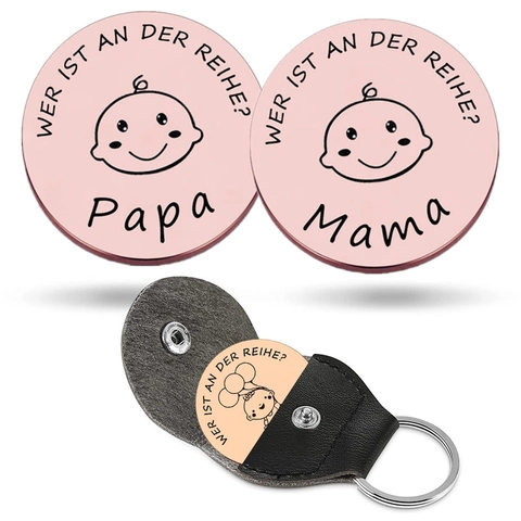Moneta Decisionale per Nuovi Genitori Acciaio Inossidabile Papa Mamma Portachiavi Con Custodia in Ecopelle Regalo Neonati