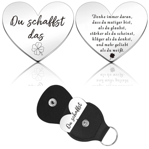 Stainless Steel Heart Pocket Hug Coin Keychain With Faux Leather Case German Du Schaffst Das Lucky Token For Friend Family Gift