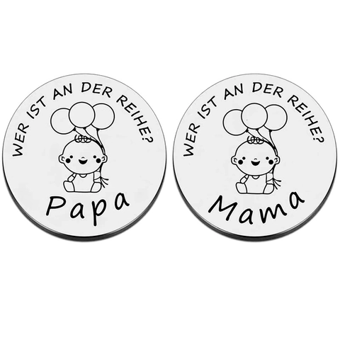 Moneta Decisionale per Nuovi Genitori Acciaio Inossidabile Papa Mamma Portachiavi Con Custodia in Ecopelle Regalo Neonati