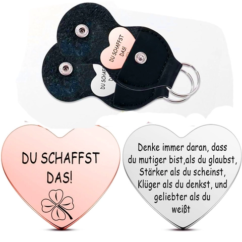 Stainless Steel Heart Pocket Hug Coin Keychain With Faux Leather Case German Du Schaffst Das Lucky Token For Friend Family Gift
