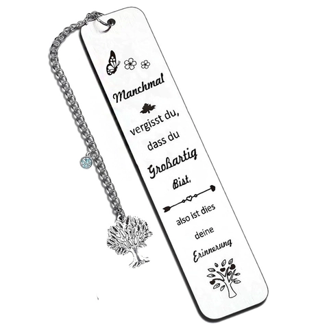 Brushed Stainless Steel Bookmark With Pendant Heart Clover German Inspirational Quotes Personalized Metal Reading Gift