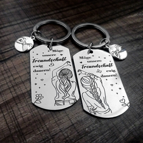 Set di Portachiavi Regalo di Amicizia in Acciaio Inossidabile con Scritta Tedesca Pendente Cuore Rettangolare per Sorelle Amici
