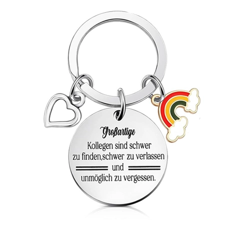 Llavero de Acero Inoxidable Regalo Despedida Colega Alemán Corazón Redondo Cuadrado Grabado Conmemorativo Llavero de Metal para Equipo
