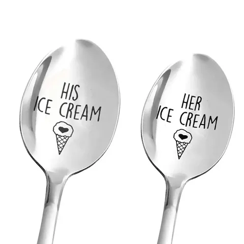 Stainless Steel Engraved Coffee Spoon Ice Cream Spoon Long Handle Mirror Polished Funny Gift Spoon For Couple Wedding Party