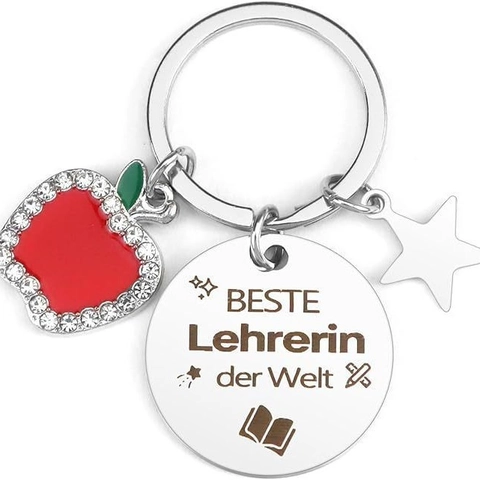 Stainless Steel Engraved Keychain Alloy Apple Bee Charm Pendant For Teacher Graduation Gift German French Text Keyring