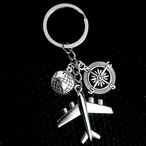 Zinc Alloy Metal Keychain Travel Theme Globe Airplane Compass Pendant Key Ring For Graduates Friends Travelers Gift