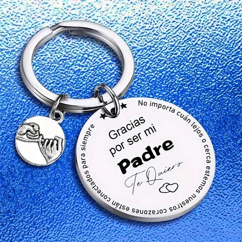 Stainless Steel Round Keychain For Father's Day Gift Spanish Text Engraved Pendant Hand Pattern Silver Key Ring
